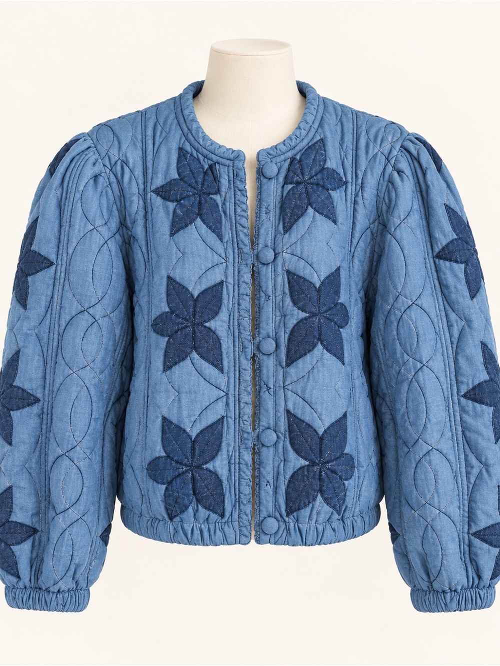 Free People Blue Quilted Floral Patchwork jeans  Bomber Jacket